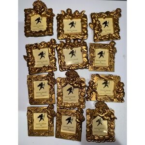 VTG Set of 12 Gold Toned Two's Company Small Photo Frames Angel Cherub Ribbon N‎